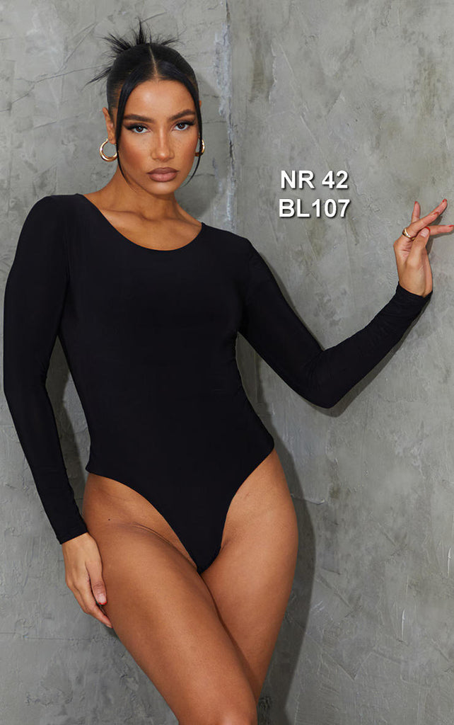 Black Second Skin Long Sleeve Thong Bodysuit