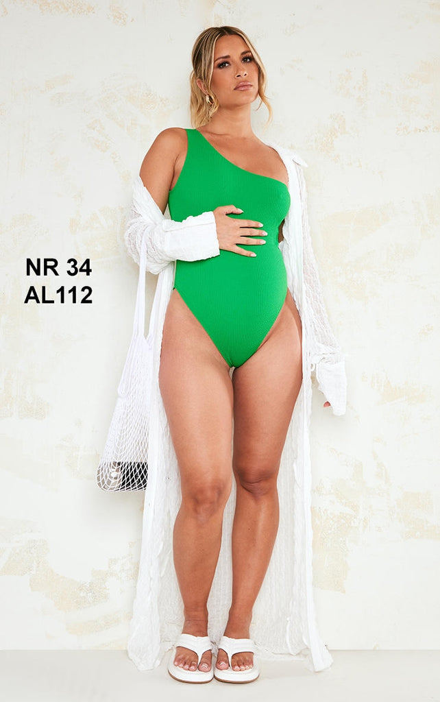 Maternity Green One Shoulder Crinkle Swimsuit