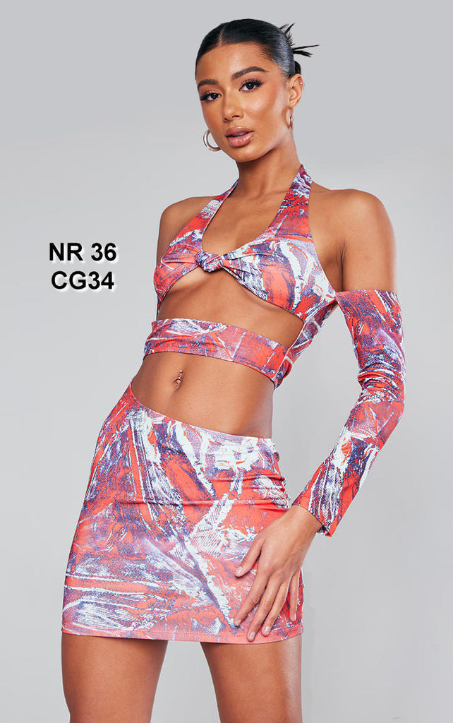 Red Worn Denim Print Halter Knot Detail Bodycon Dress