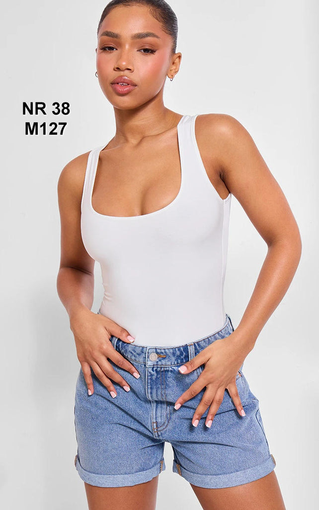 Basic White Cotton Blend Racer Back Bodysuit
