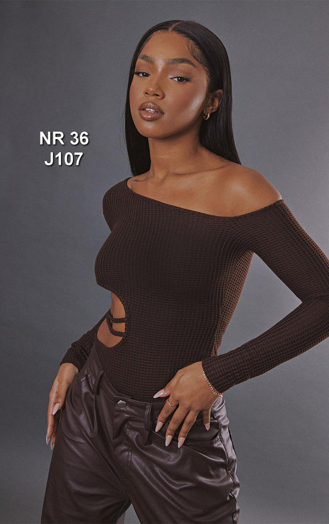 Chocolate Textured One Shoulder Cut Out Tie Waist Bodysuit