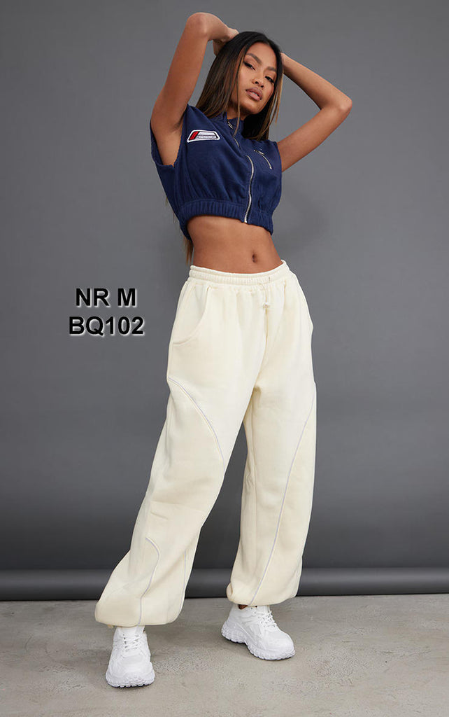 Cream Sweat Piping Detail Toggle Waist Joggers