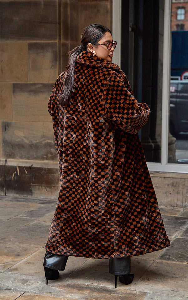 Plus Brown Check Print Faux Fur Midi Coat