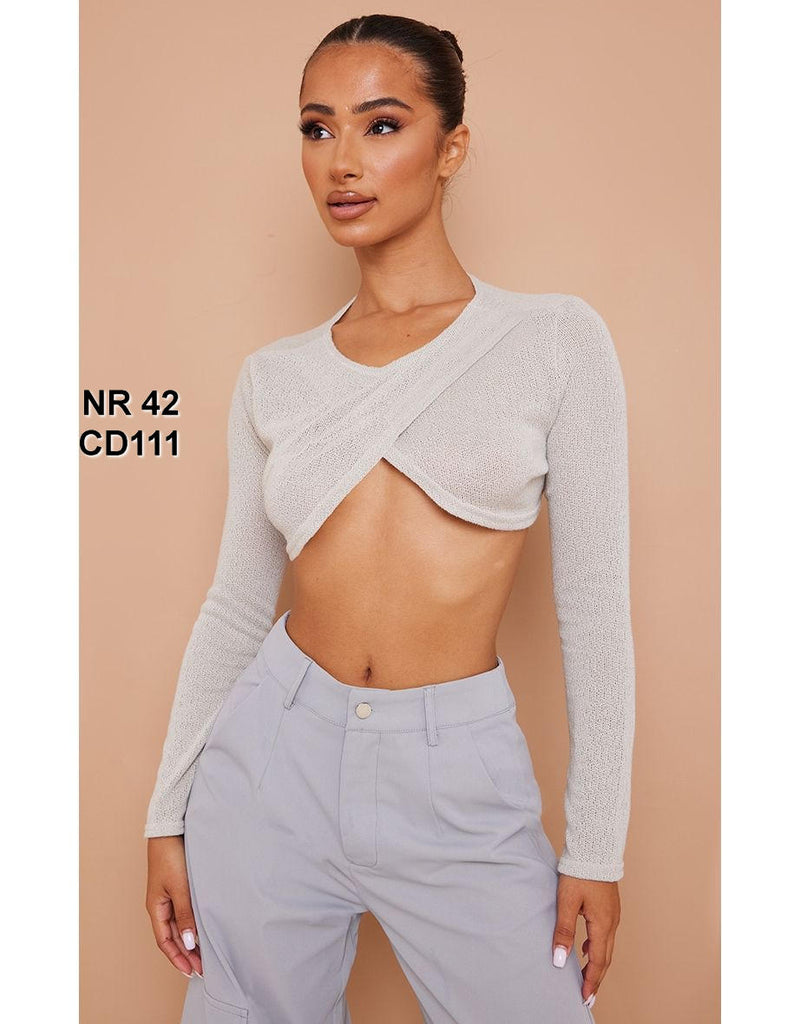Petite Stone Laddered Knit Cross Front Crop Top