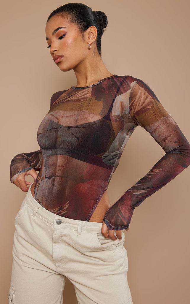 Multicolored abstract print mesh high-cut bodysuit