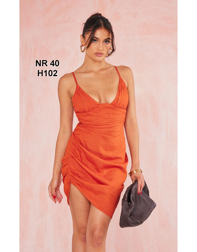 Rust Linen Look Plunge Pleated Detail Strappy Bodycon Dress