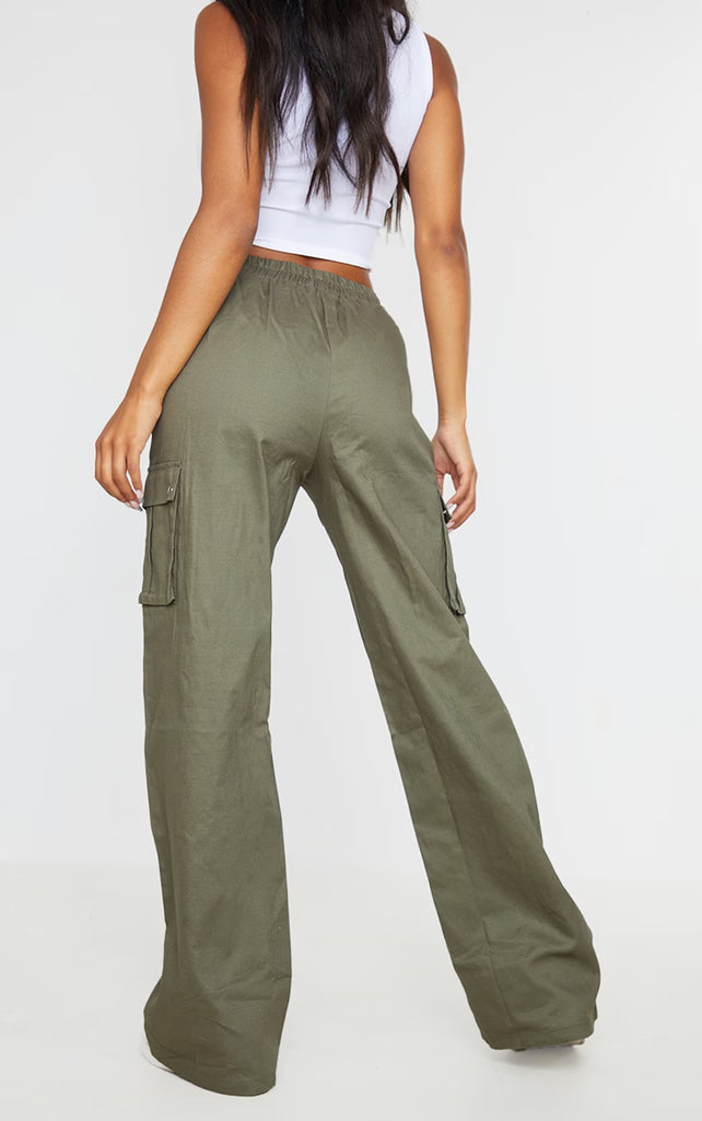 Khaki Wide Leg High Waisted Cargo Trousers