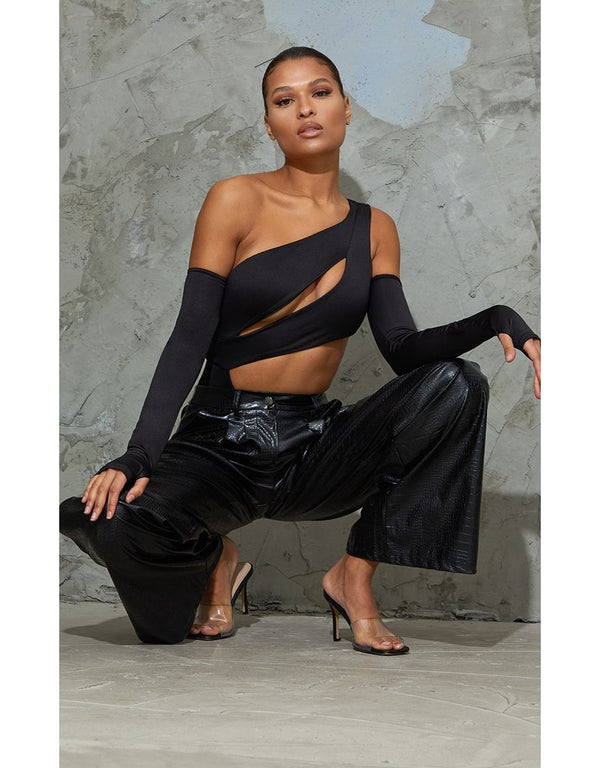 Black Slinky Bardot Thumb Hole Cut Out Bodysuit (Copy)
