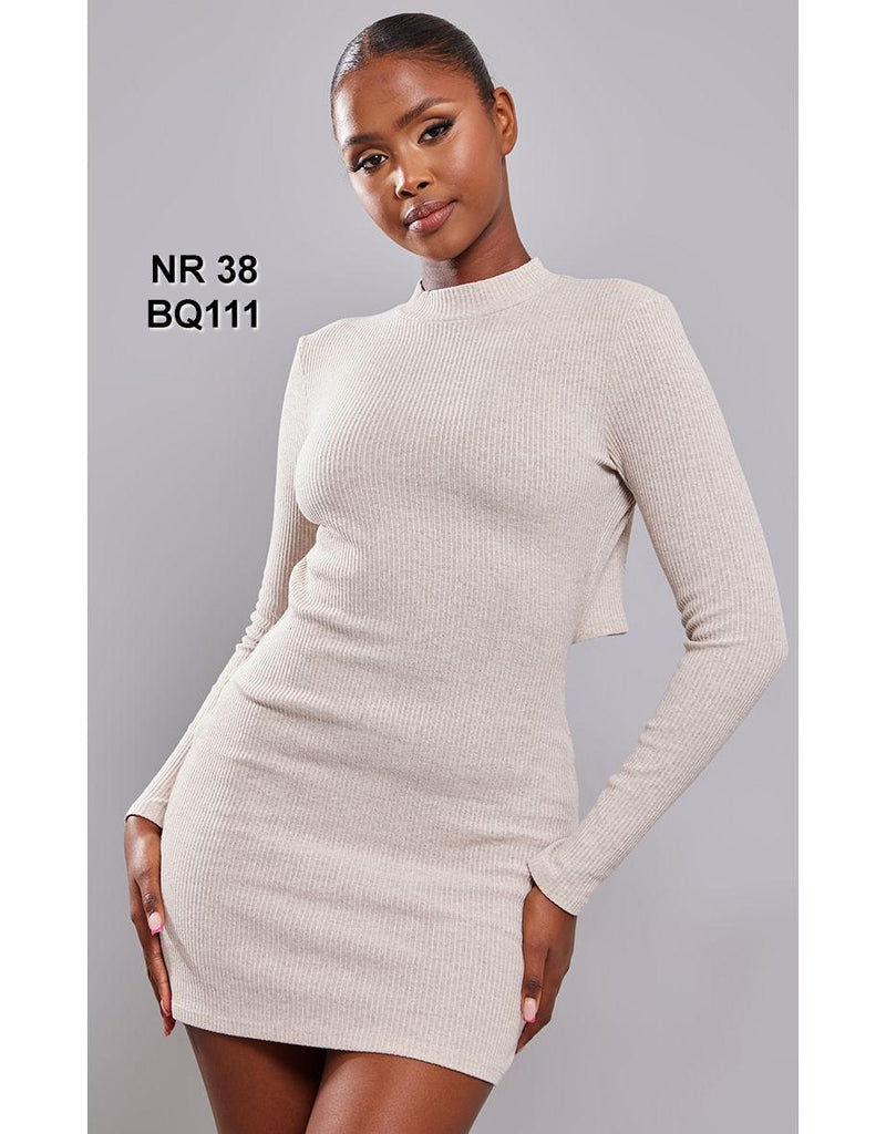Oatmeal Rib High Neck Open Back Bodycon Dress