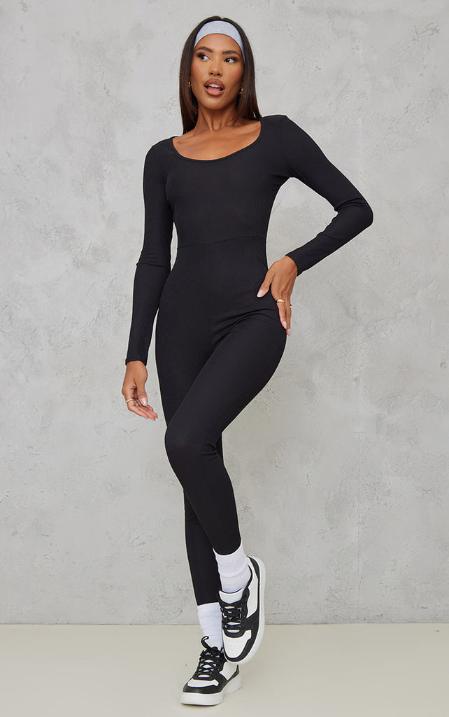 Black Ribbed Long Sleeve Scoop Neck Jumpsuit
