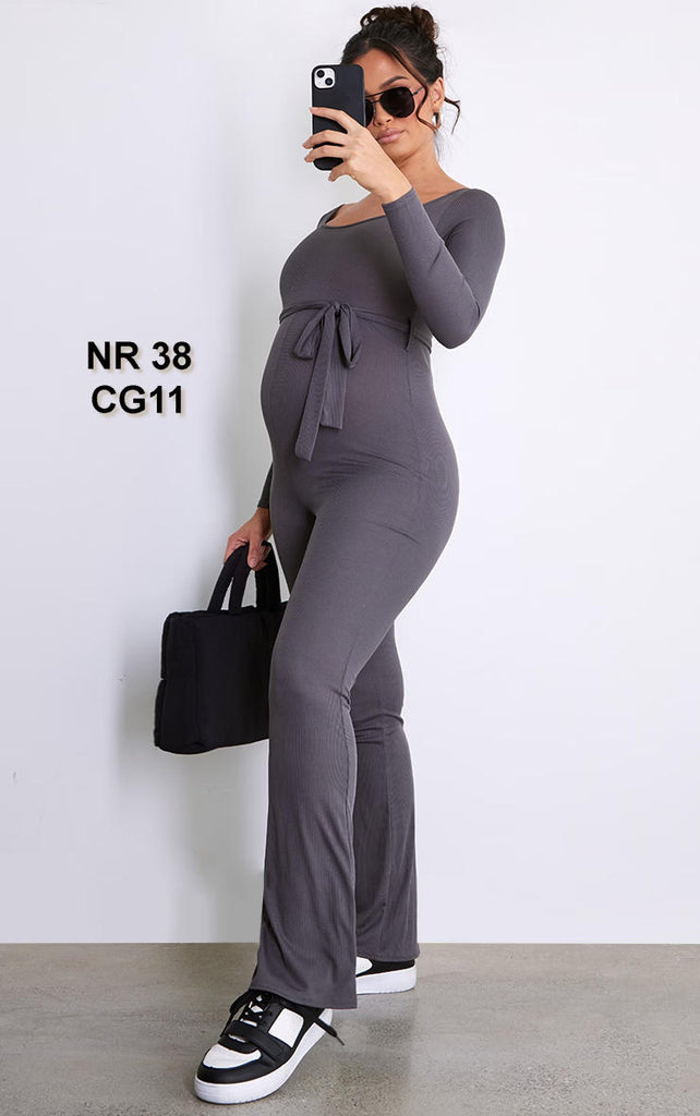 Maternity Grey Rib Tie Waist Jumpsuit