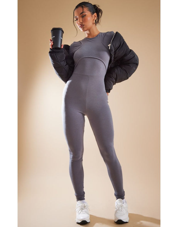 Charcoal Contour Jersey Racer Panel Short Sleeve Jumpsuit