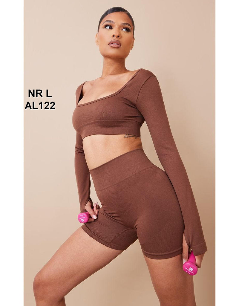 Dark Brown Basic Seamless Square Neck Long Sleeve Gym Top