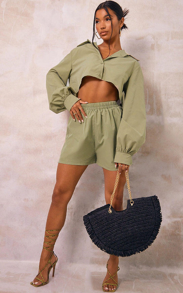 Prettylittlething Women's Sage Green Woven Oversized Cropped Shirt