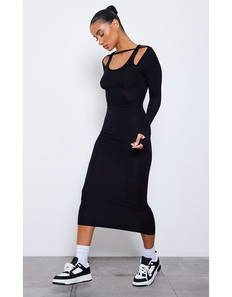 Black Jersey Strap Detail Long Sleeve Midaxi Dress