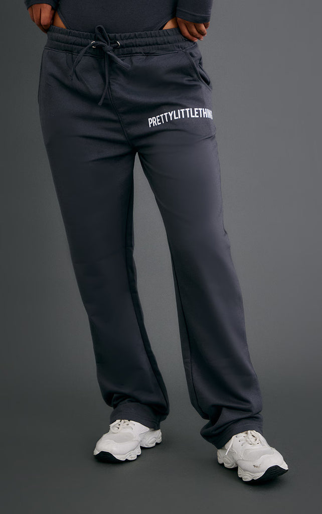 PRETTYLITTLETHING Charcoal Logo Straight Leg Sweatpants