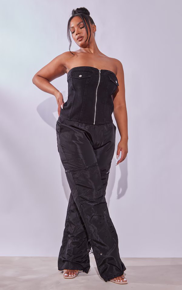 Plus Black Bandeau Zip Up Denim Corset
