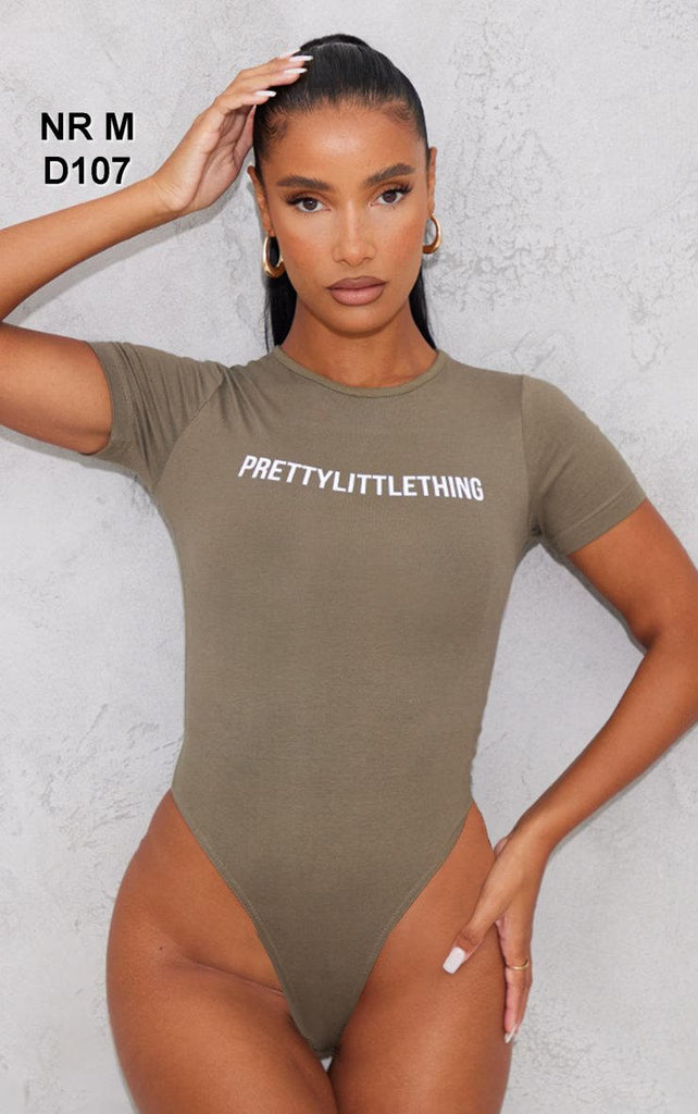 PRETTYLITTLETHING Logo Sage Khaki Short Sleeved Bodysuit