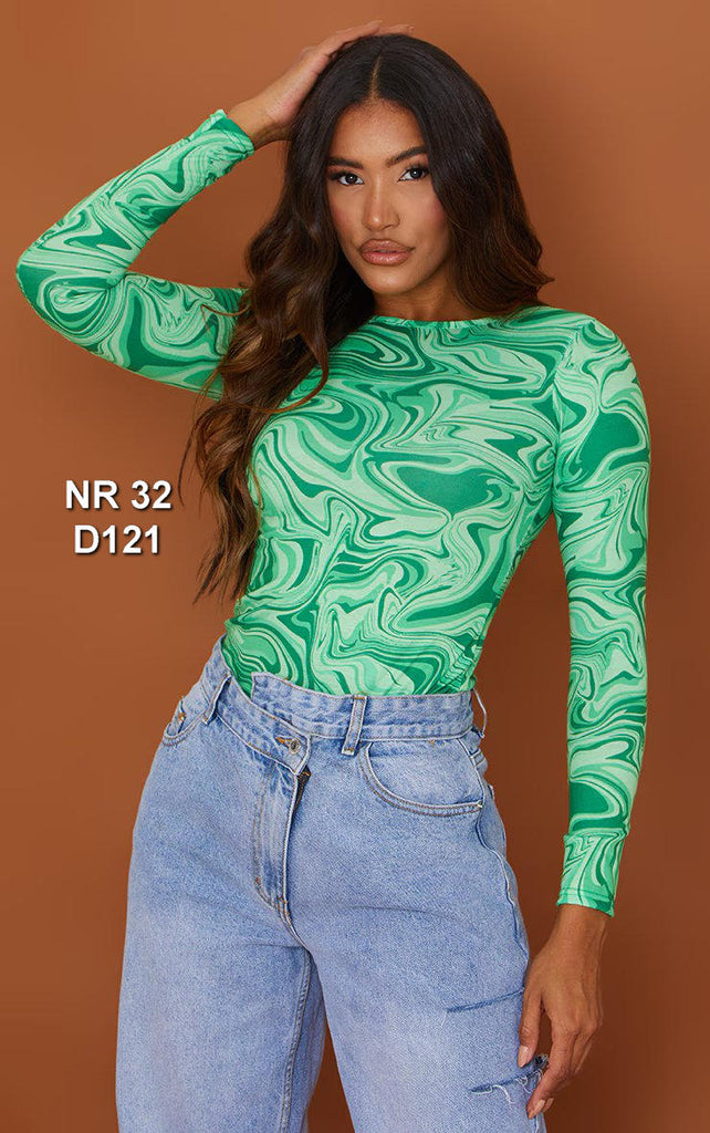 Green Swirl Print Crew Neck Long Sleeve Bodysuit