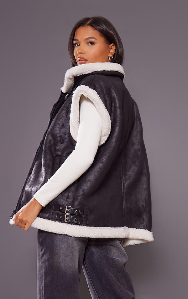 Black Distressed Faux Leather Borg Lined Oversized Gilet