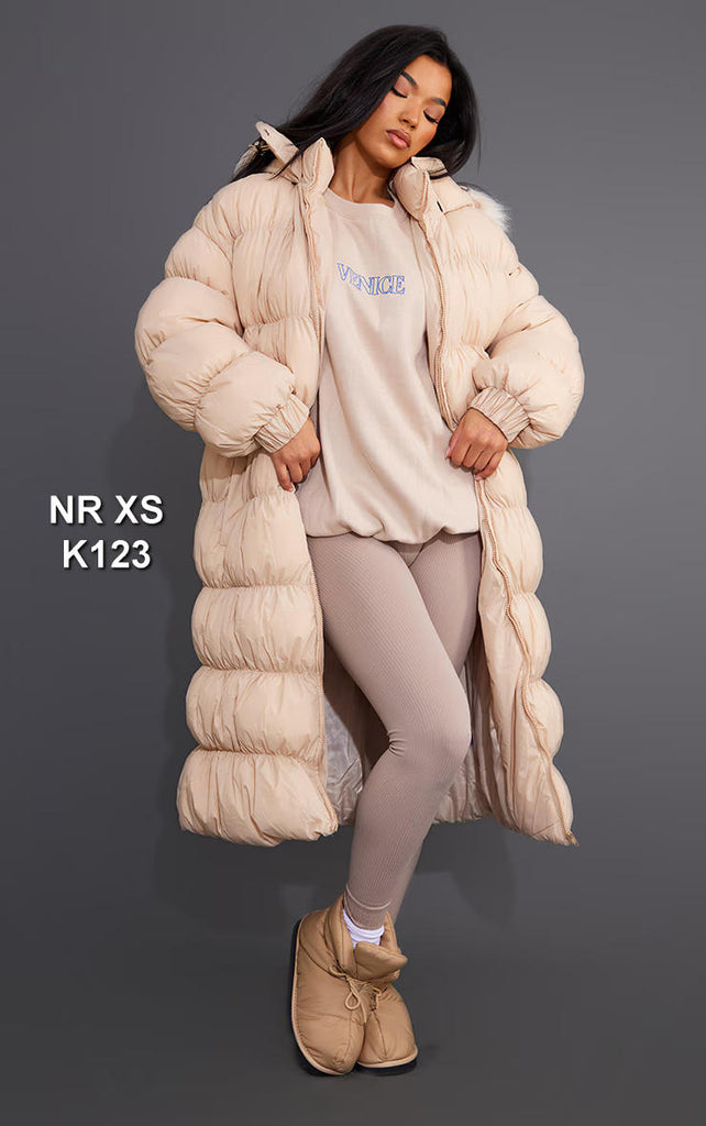 Stone Maxi Length Hooded Bubble Puffer