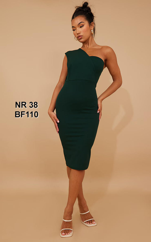 Emerald Green One Shoulder Drape Midi Dress