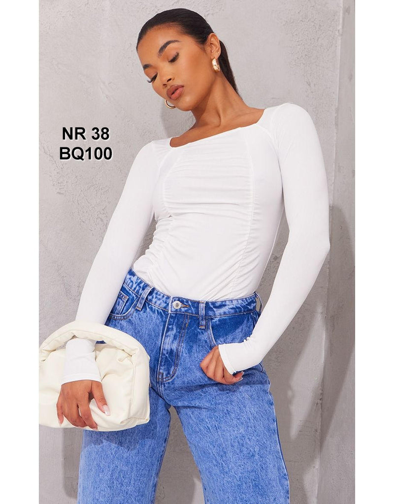 White Long Sleeve Ruched Bodysuit