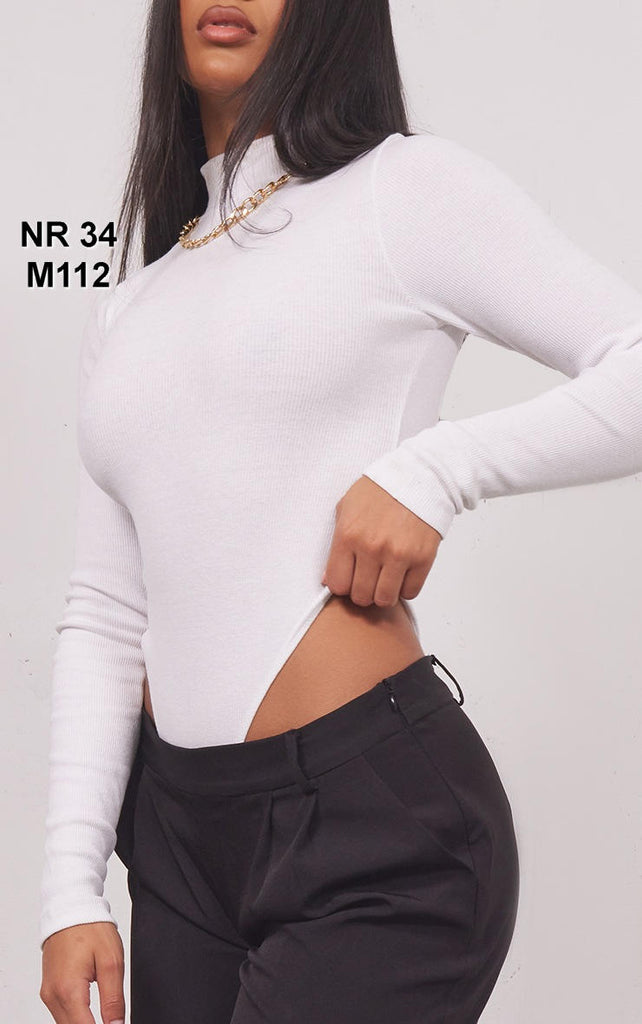 White Ribbed High Neck Long Sleeve Bodysuit