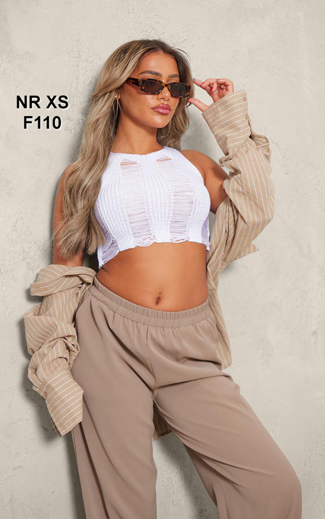 White Distressed Ladder Knit Top