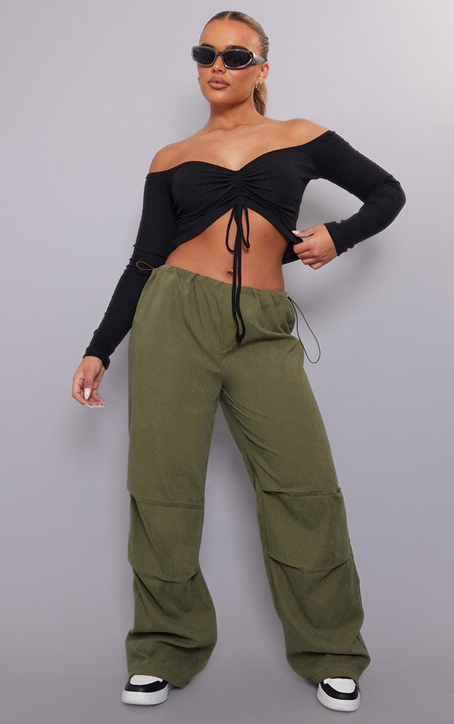 Black Rib Bardot Ruched Front Crop Top