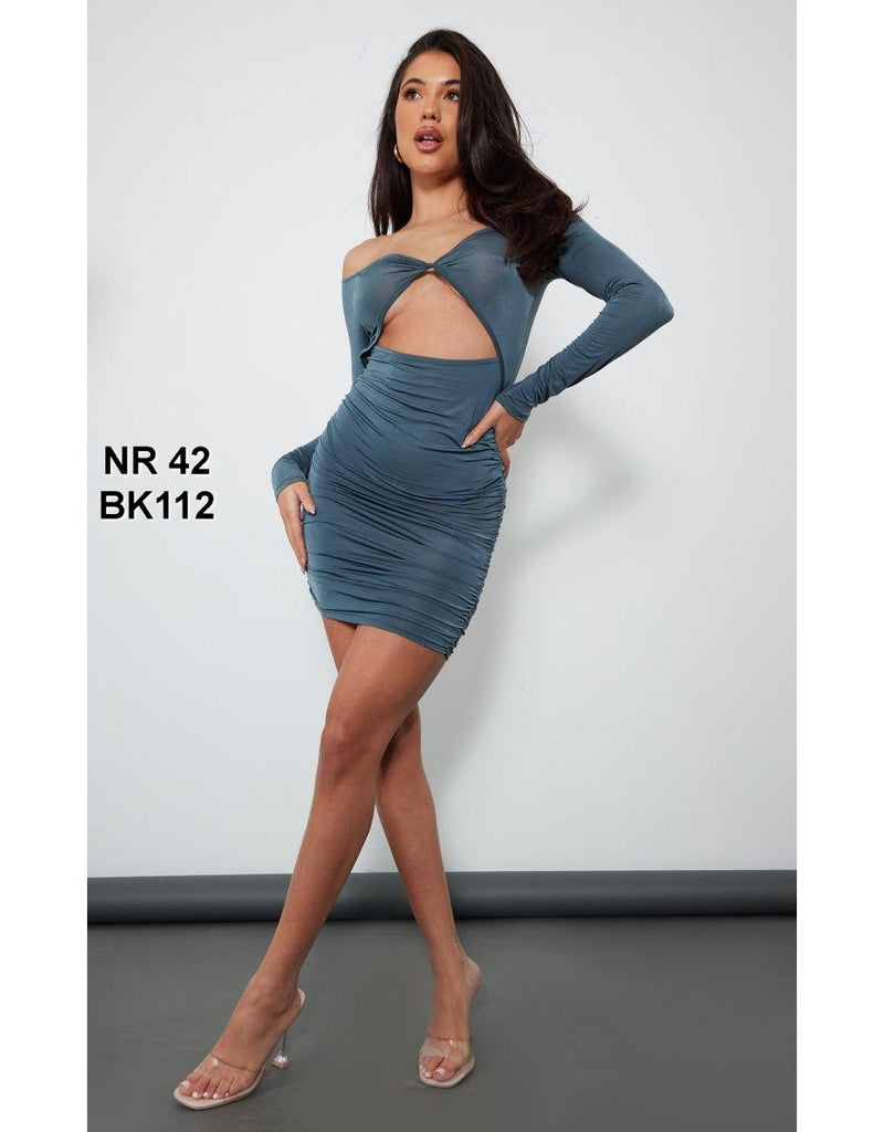 Charcoal Slinky Bardot Knot Detail Bodycon Dress