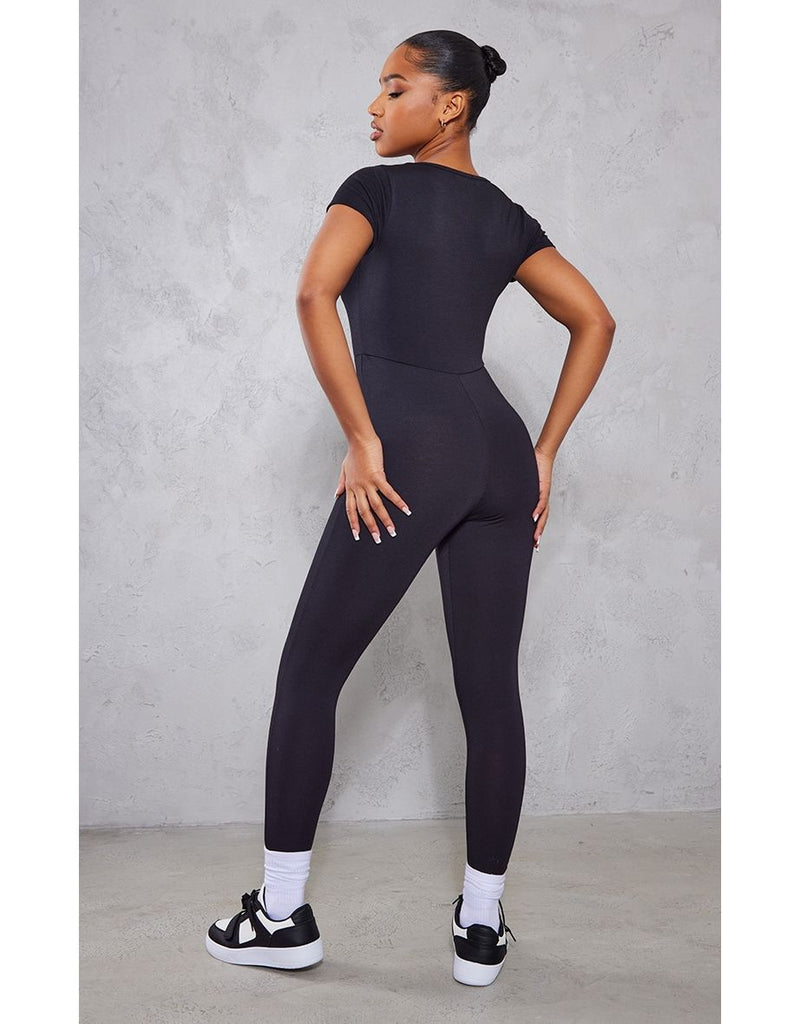 Black V Neck Short Sleeve Jersey Jumpsuit