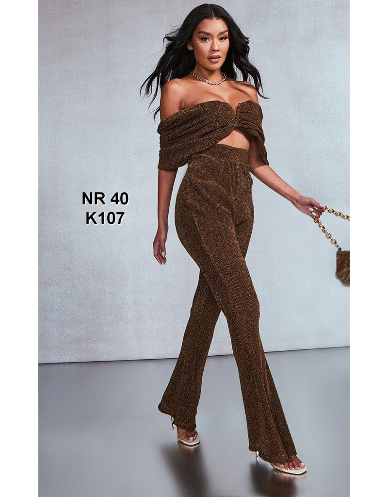 Chocolate Glitter Plisse V Bar Bardot Jumpsuit