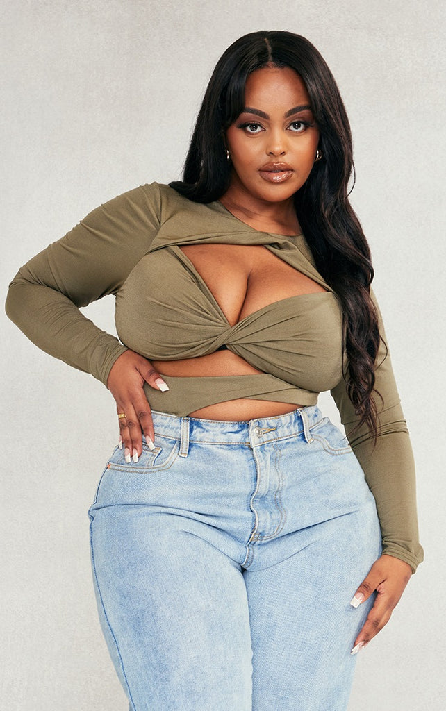 Plus Khaki Slinky Cut Out Long sleeve Bodysuit