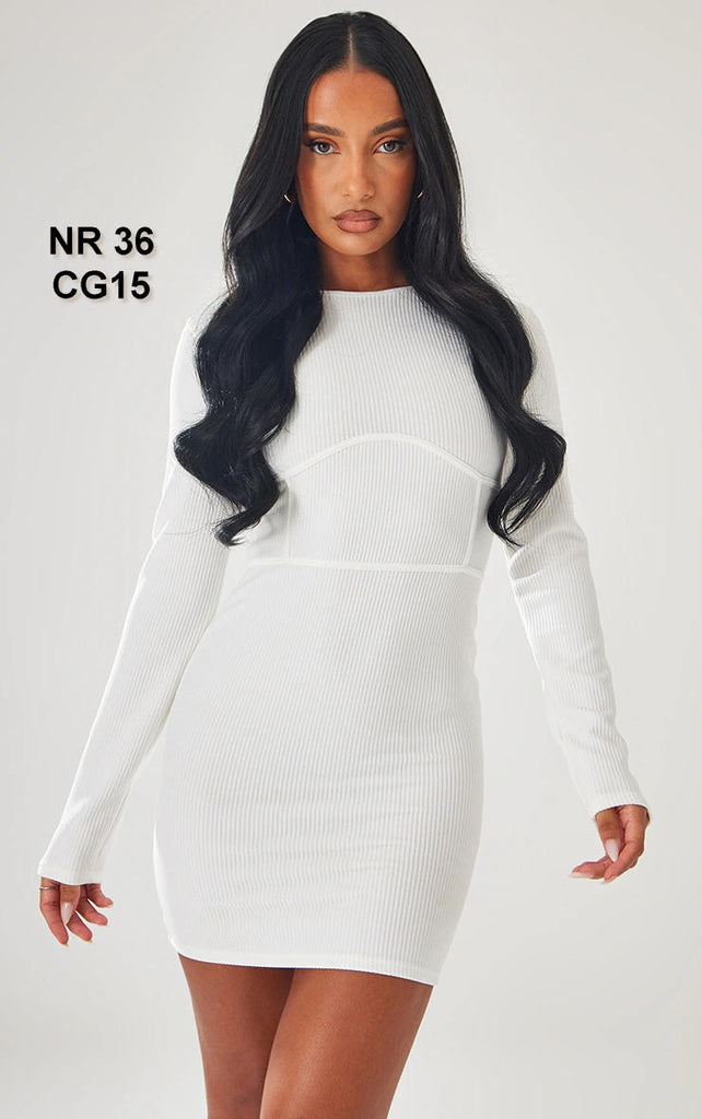 White Rib Binding Detail Long Sleeve Bodycon Dress