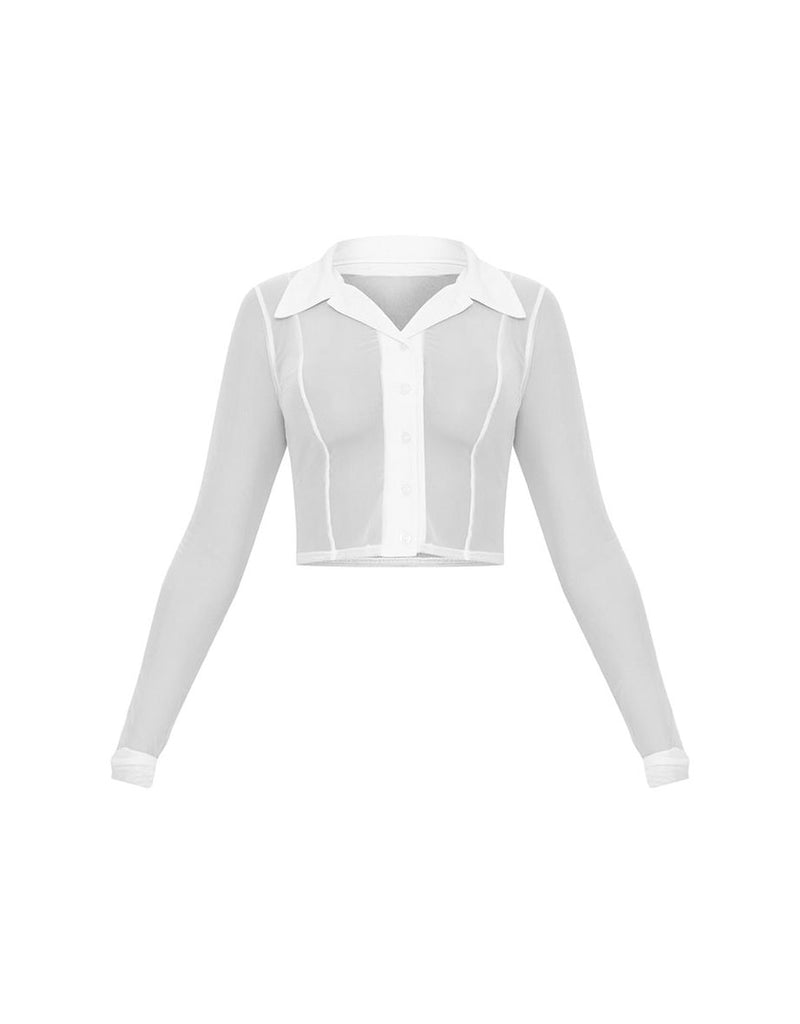 White Sheer Mesh Long Sleeve Crop Shirt
