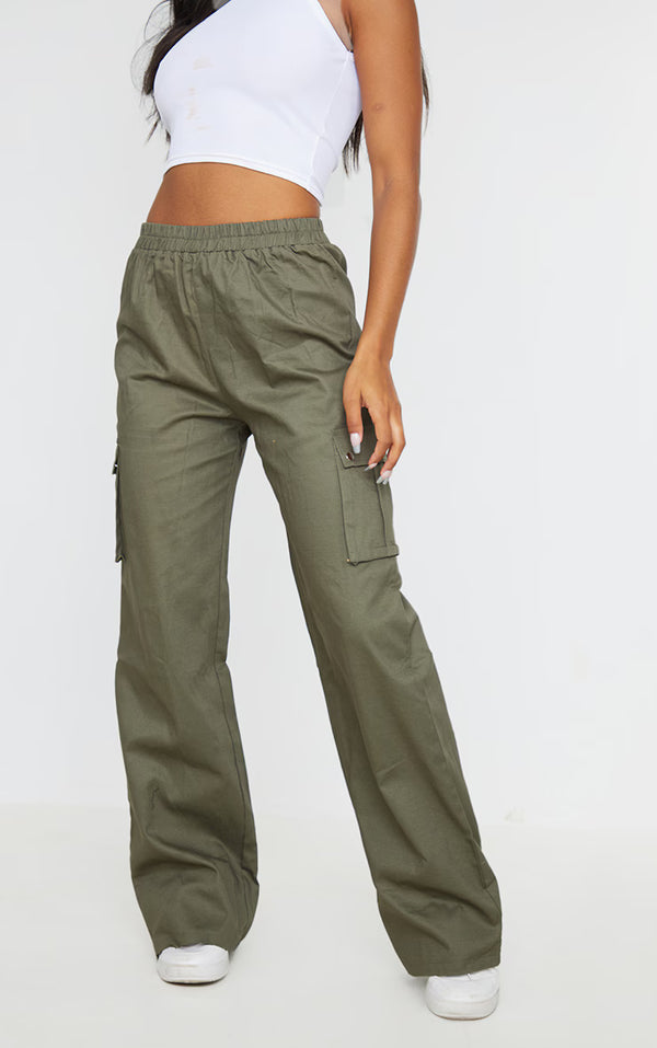 Khaki Wide Leg High Waisted Cargo Trousers