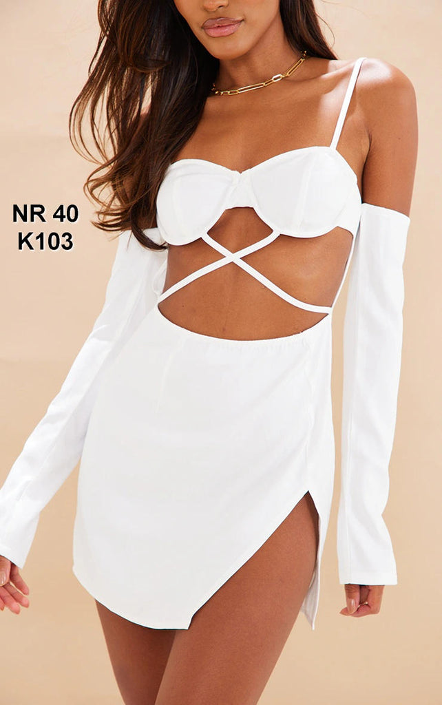 White Woven Underwired Cup Cross Waist Bodycon Dress