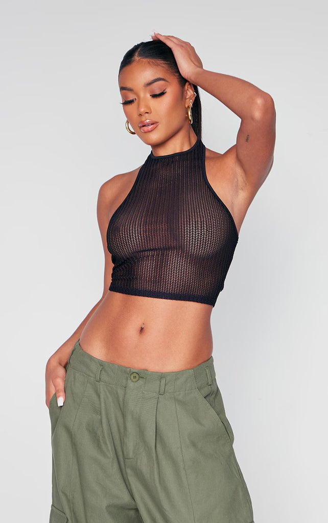 Black Sheer Halter Crop Top
