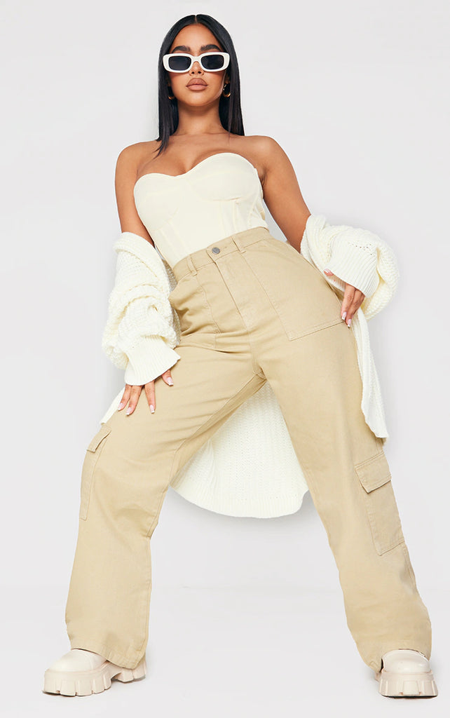 Petite Olive Cargo Pocket Baggy Wide Leg Jeans