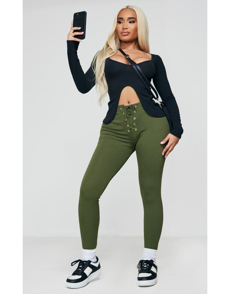 Shape Moss Khaki Soft Rib Eyelet Lace Up Leggings