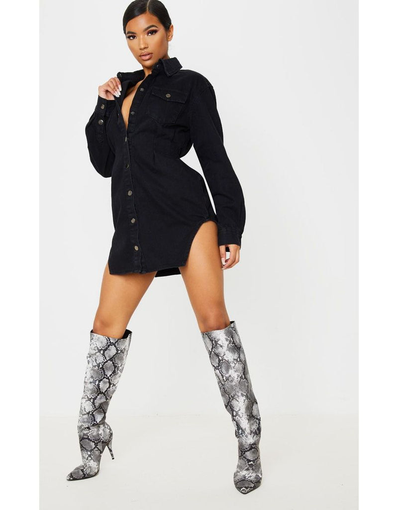 Washed Black Cinched Waist Long Sleeve Denim Dress