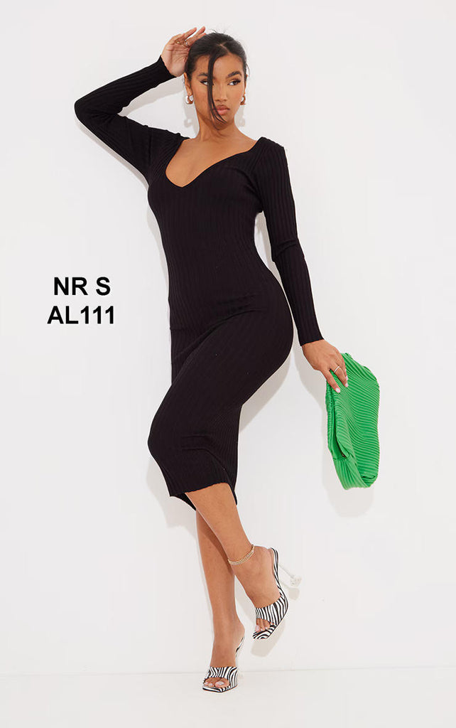 Black Bardot Rib Knitted Midaxi Dress