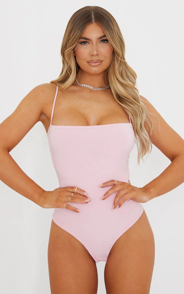 Baby Pink Slinky Square Neck Spaghetti Strap Bodysuit