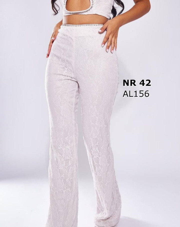 Petite Grey Lace Diamante Trim High Waisted Trouser