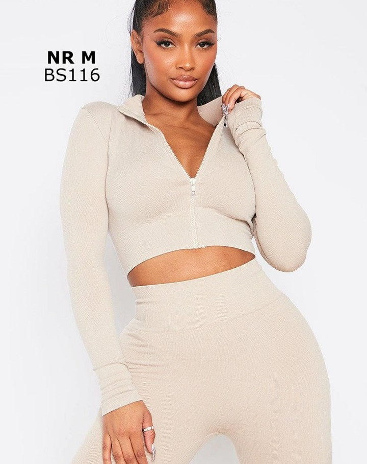 Shape Oatmeal Acid Wash Branded Panel Zip Front Gym Crop Top