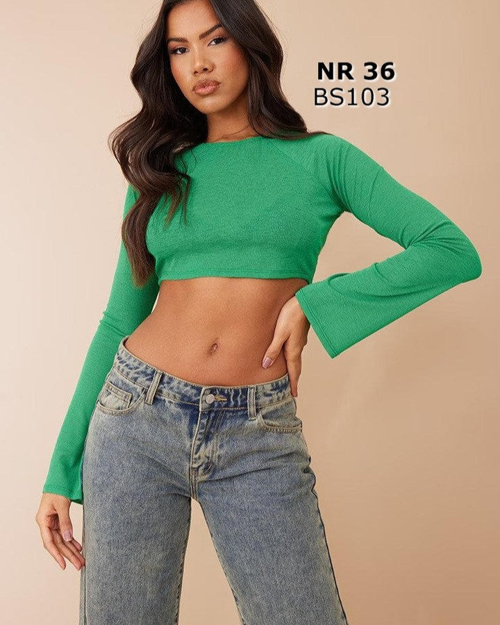 Green Burnout Mesh Long Sleeve Crop Top