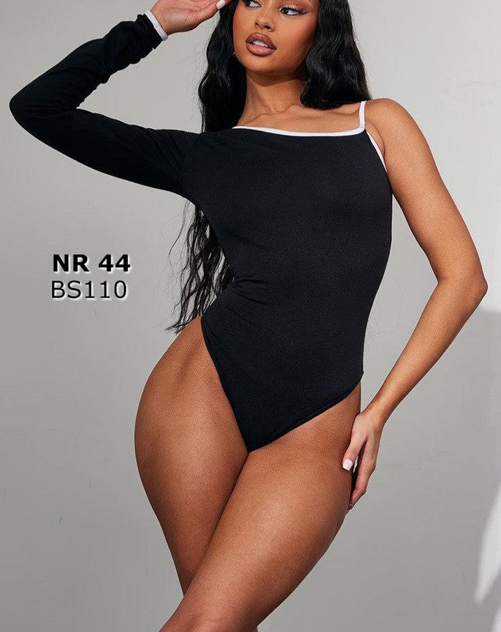 Black Contrast Binding One Shoulder Bodysuit