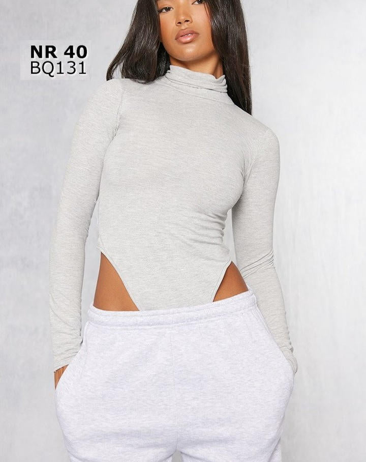 Basic Grey Marl Cotton Blend Roll Neck Bodysuit
