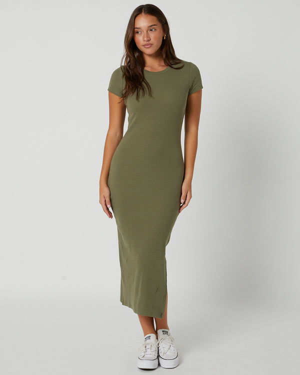 Khaki Ribbed Short Sleeve Crew Neck Midi Dress